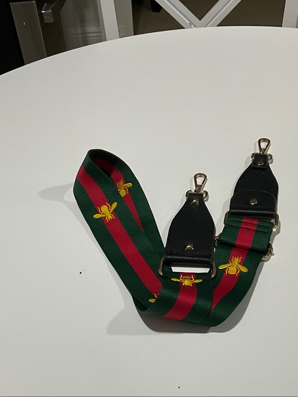 Green and Red Embroidered Bee Bag Strap with Gold Hardware